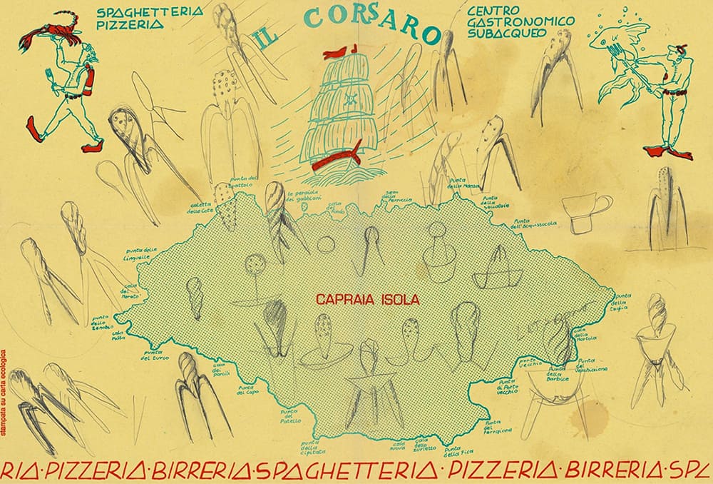La tovaglietta della pizzeria di Capraia con i disegni di Juicy Salif