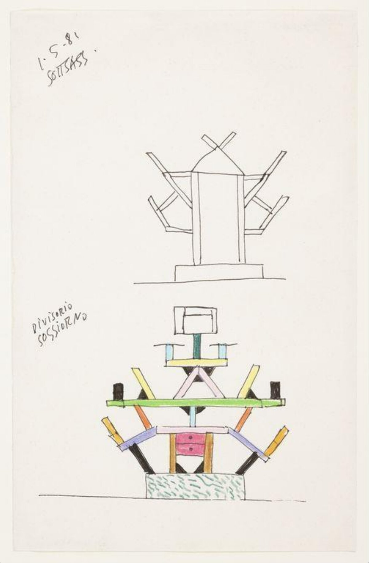 Ettore Sottsass, Schizzo per Carlton (1981; penna e inchiostro su carta, 220 x 140 mm; Londra, Victoria and Albert Museum)