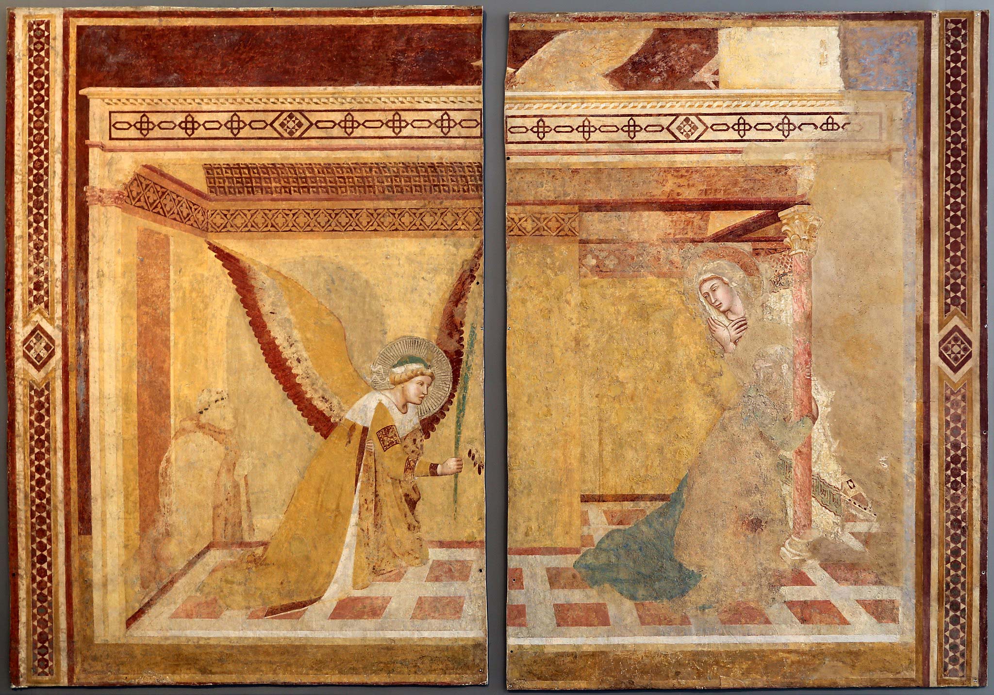 Ambrogio Lorenzetti, Verkündigung (1334-1336; 238 x 441 cm; Fresko, Chiusdino, Kirche von San Galgano in Montesiepi)