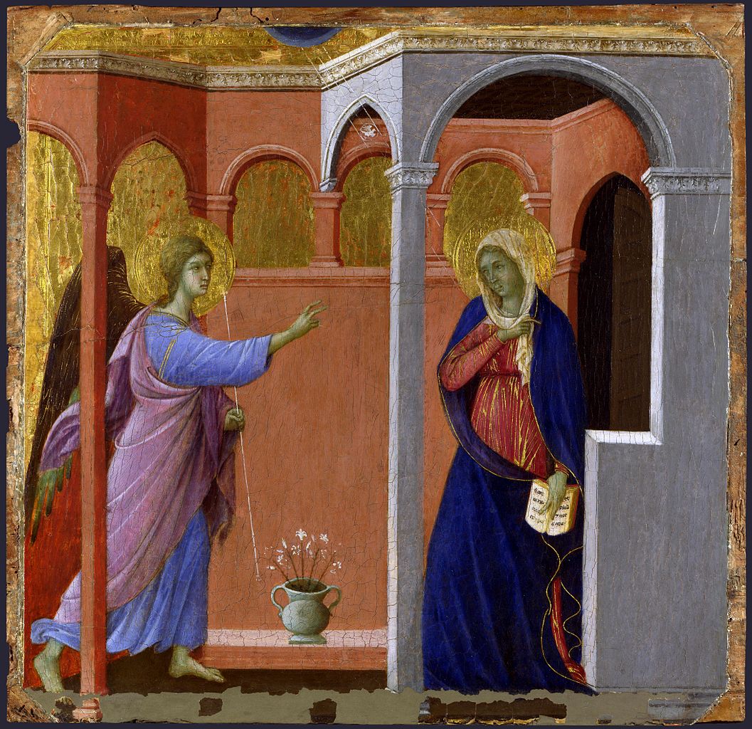 Duccio di Boninsegna, Annunciation, from the Majesty of Siena Cathedral (1308-1311; tempera on wood, 43 x 44 cm; London, National Gallery)