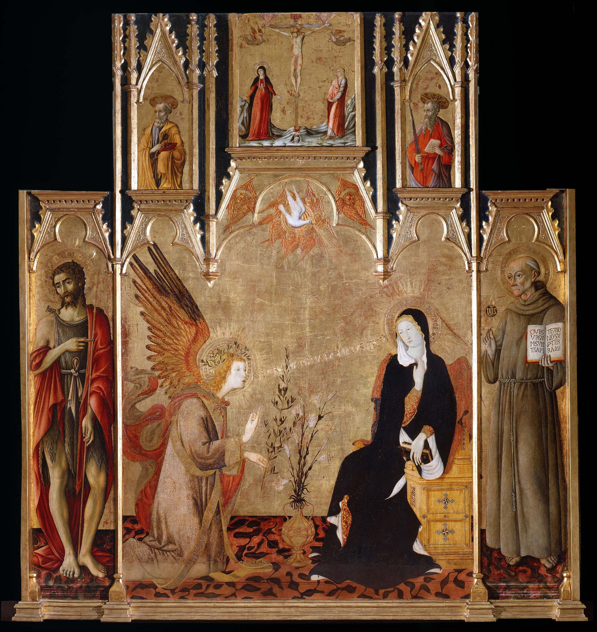 Giovanni di Pietro and Matteo di Giovanni, Annunciation with Saints John the Baptist and Bernardine (1450-1460; tempera on panel, 252 x 238 cm; Siena, Pinacoteca Nazionale)