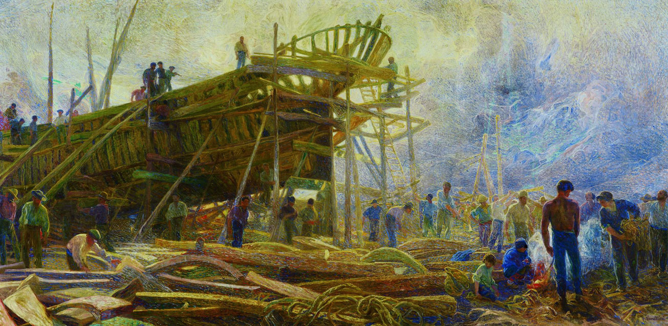 Plinio Nomellini, The Construction Site (1909: oil and tempera on canvas, 300 x 600 cm; Genoa, Galleria d'Arte Moderna)
