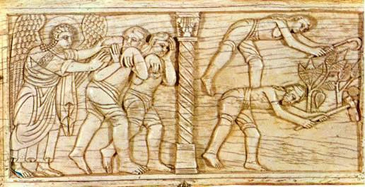 Unknown artist, Expulsion from Earthly Paradise and Adam and Eve at Work, from the Paliotto of Salerno Cathedral (c. 1090; ivory; Salerno, Cathedral Museum)