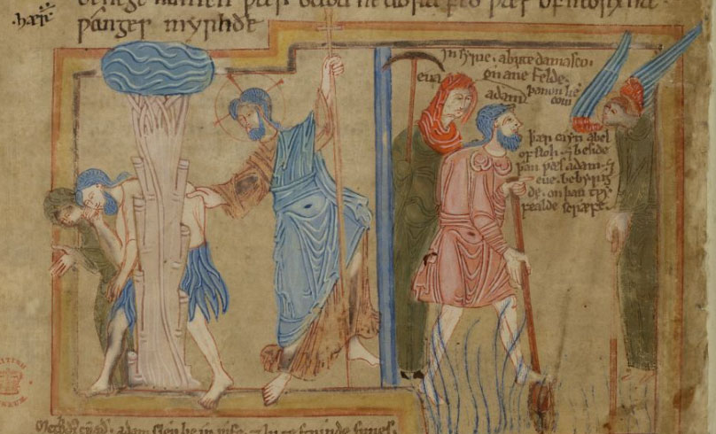 Unknown artist, Expulsion from Earthly Paradise and Adam and Eve at Work, from the Paraphrase of Aelfric (mid-12th century; miniature; London, British Library, ms. Cotton Claudius B. IV., f. 7v)