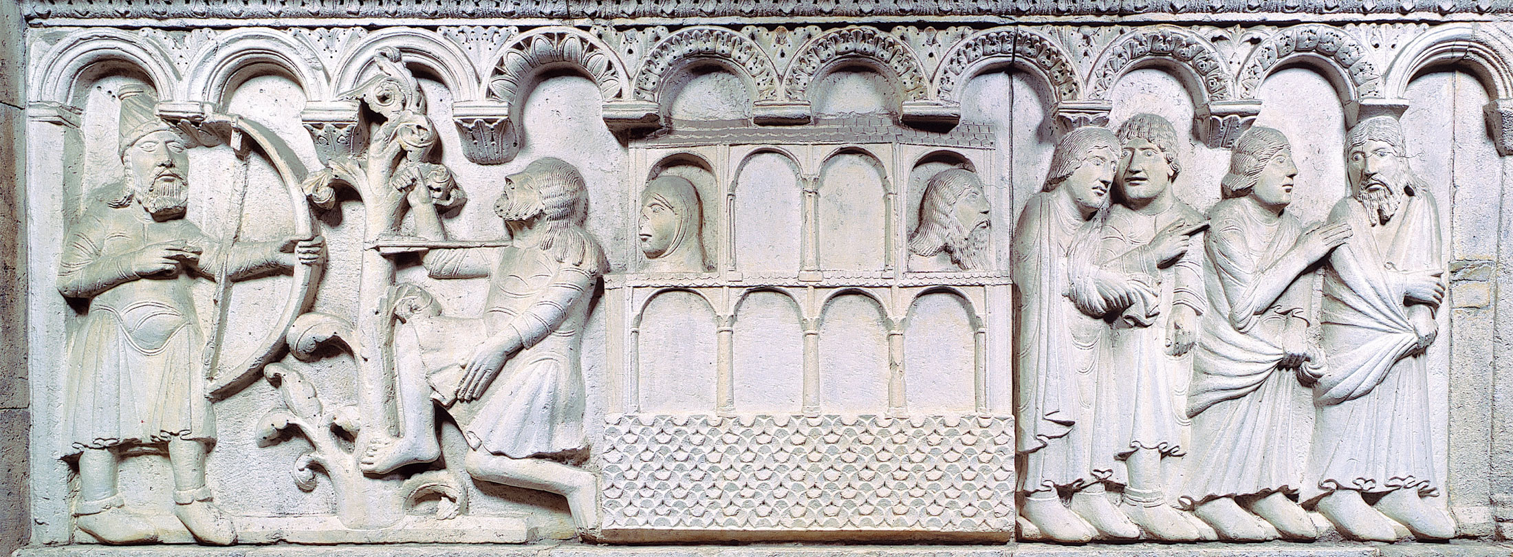 Wiligelmo, Stories from Genesis: the slaying of Cain, Noah's ark, and the exit of Noah and his sons from the ark (c. 1099-1110; Vicenza soft stone; Modena, Duomo). Photo: Museums of the Cathedral of Modena