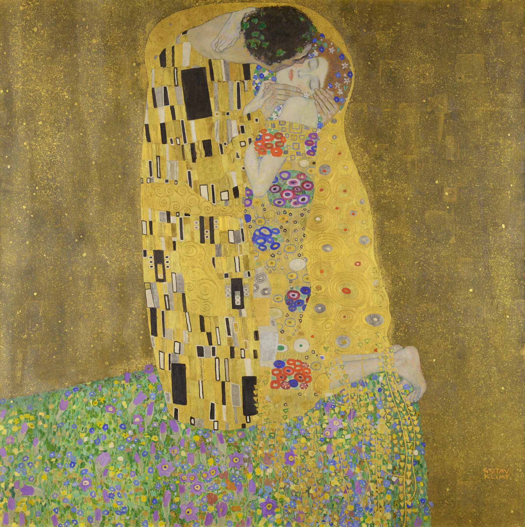Gustav Klimt, El beso (1908; óleo sobre lienzo, 180 x 180 cm; Viena, Österreichische Galerie Belvedere)