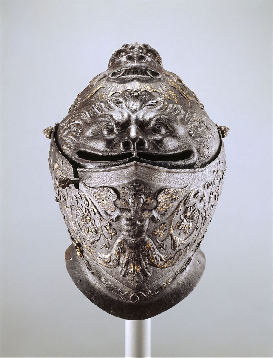 Giovanni Paolo Negroli (attributed), Parade Helmet (c. 1540-1545; steel, copper, and gold, 27.3 x 29.2 x 38.1 cm; New York, Metropolitan Museum)