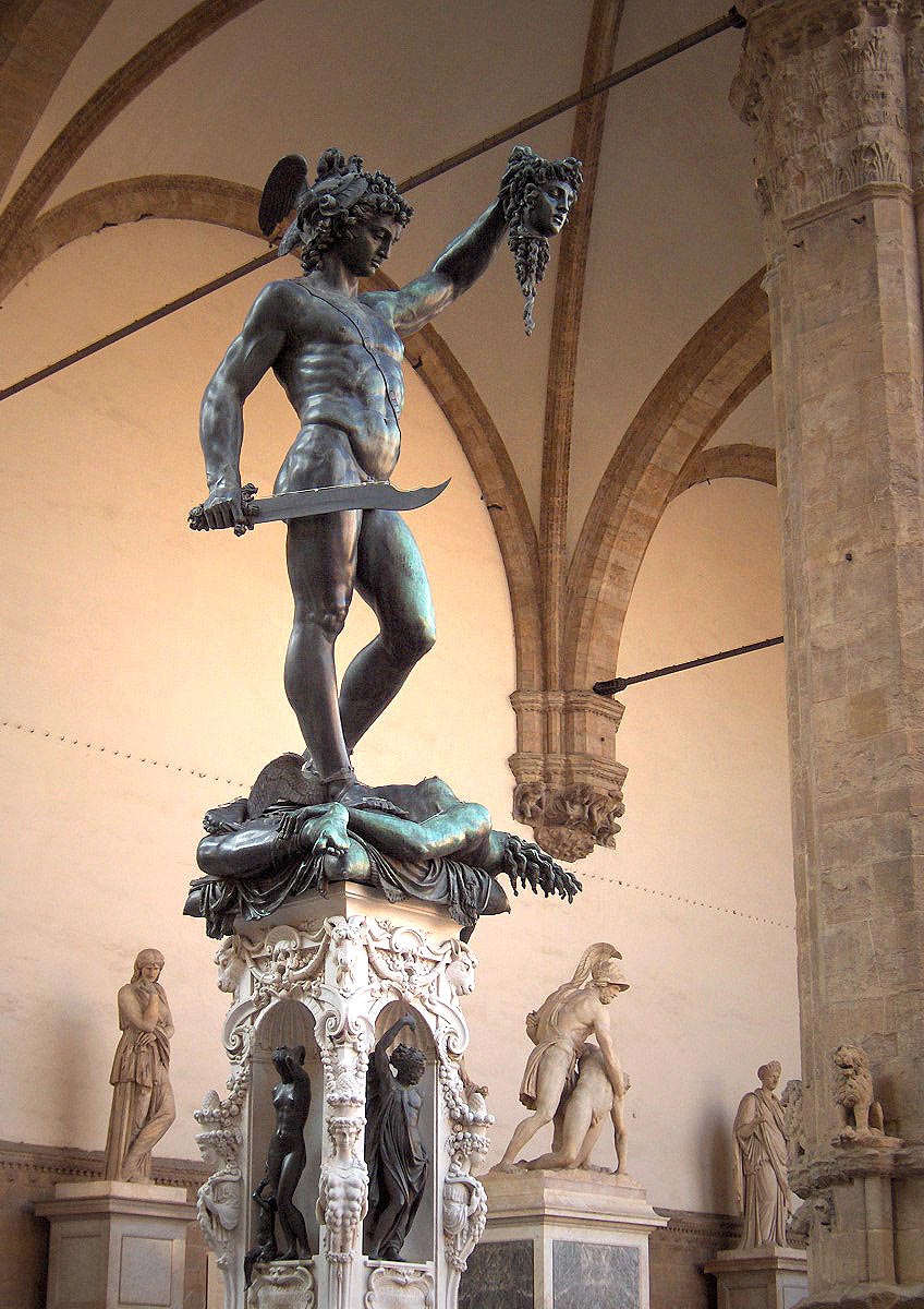 Benvenuto Cellini, Perseus with the Head of Medusa (1545-1554; bronze sculptural group, Greek marble base with bronze statues, height 519 cm; Florence, Piazza della Signoria, Loggia dei Lanzi)