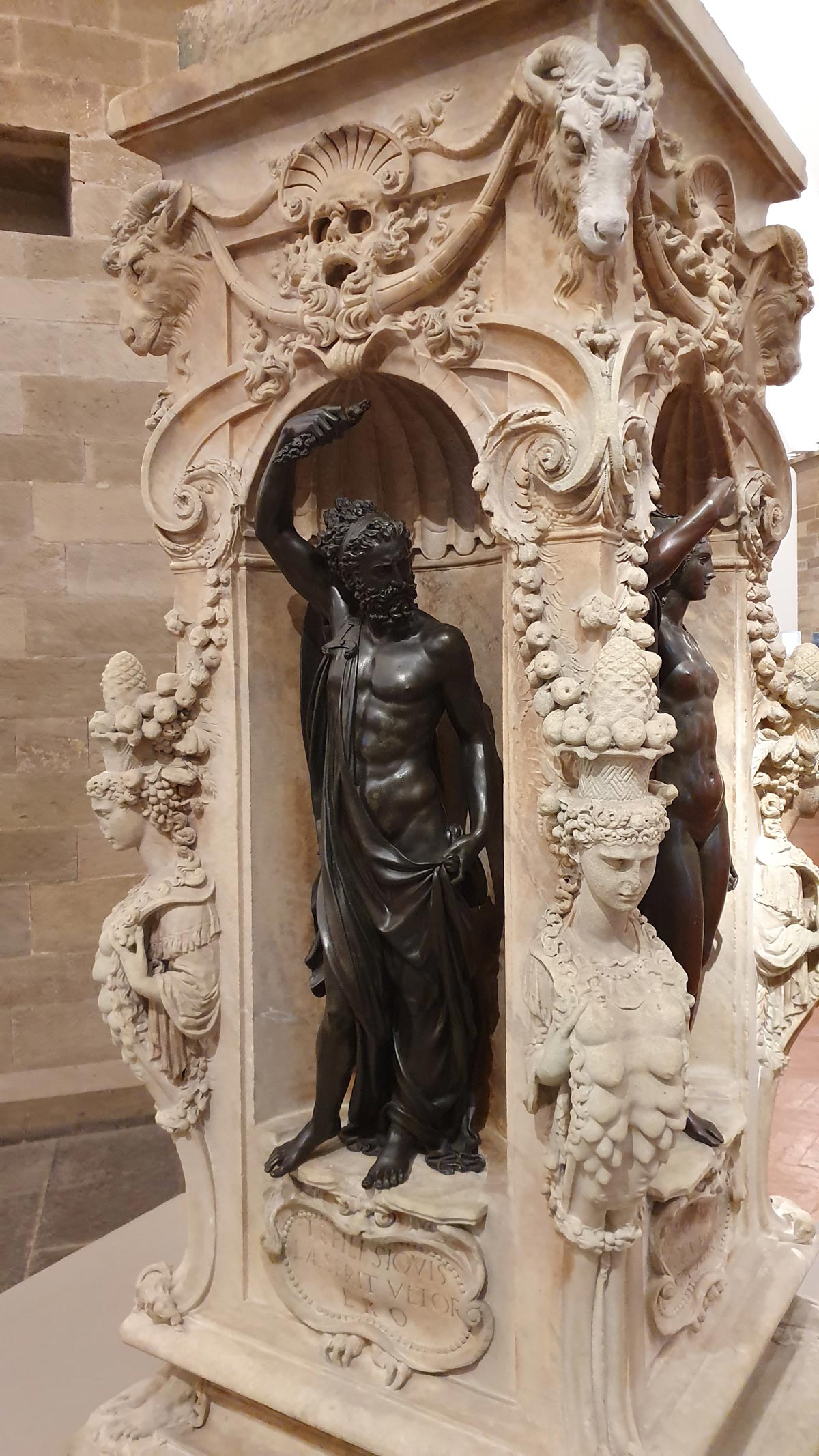 Benvenuto Cellini, Basement of Perseus (1549-1554; Greek marble and bronze, 200 x 90 cm; Florence, Museo Nazionale del Bargello)