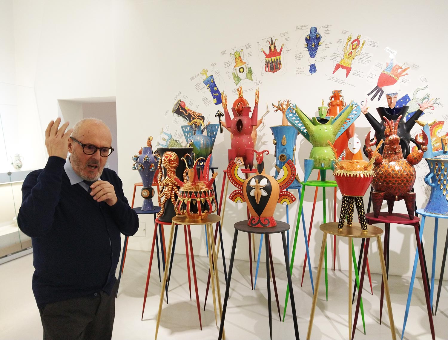 Sandro Lorenzini in front of one of his installations at the Museum of Ceramics in Savona, Italy.