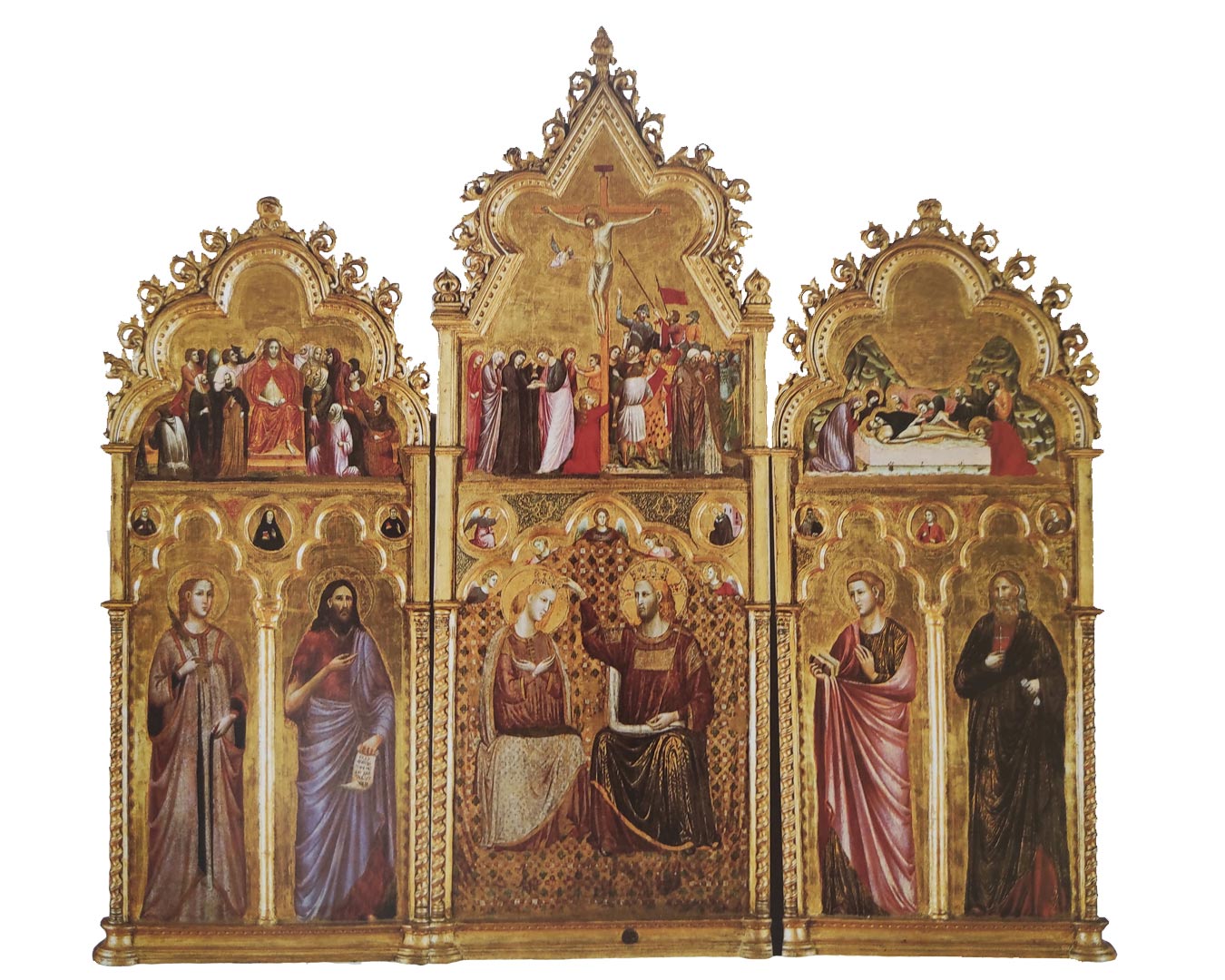 Giuliano da Rimini Polyptyque avec le couronnement de la Vierge, quatre saints et des scènes de la Passion (vers 1320 ; panneau, 190,5 x 205 cm ; Rimini, musée municipal)