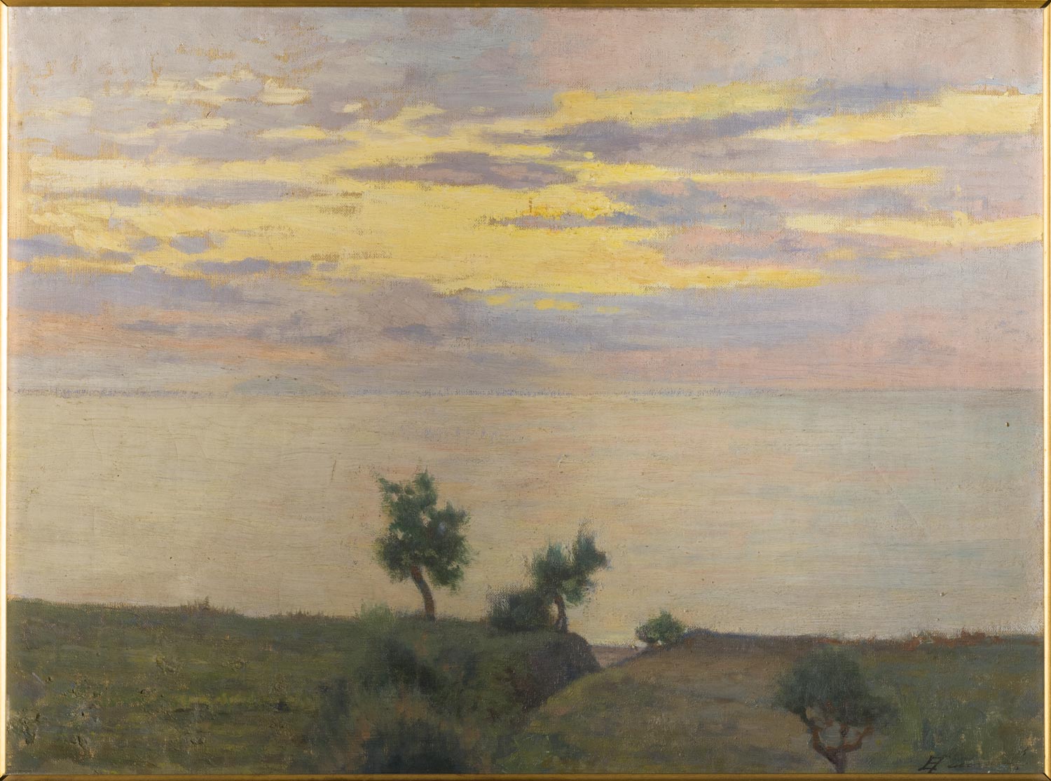 Eugenio Cecconi, Veduta di colline (tramonto sul mare) (1900; olio su tela, 34 x 44,5 cm; Firenze, Galleria d’Arte Moderna di Palazzo Pitti)