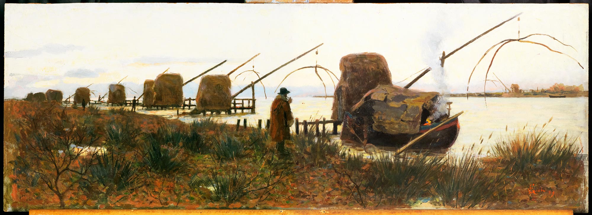 Francesco Gioli, Bilance a Bocca d’Arno (1889; olio su cartone, 25 x 70 cm; Firenze, Fondazione Cassa di Risparmio)
