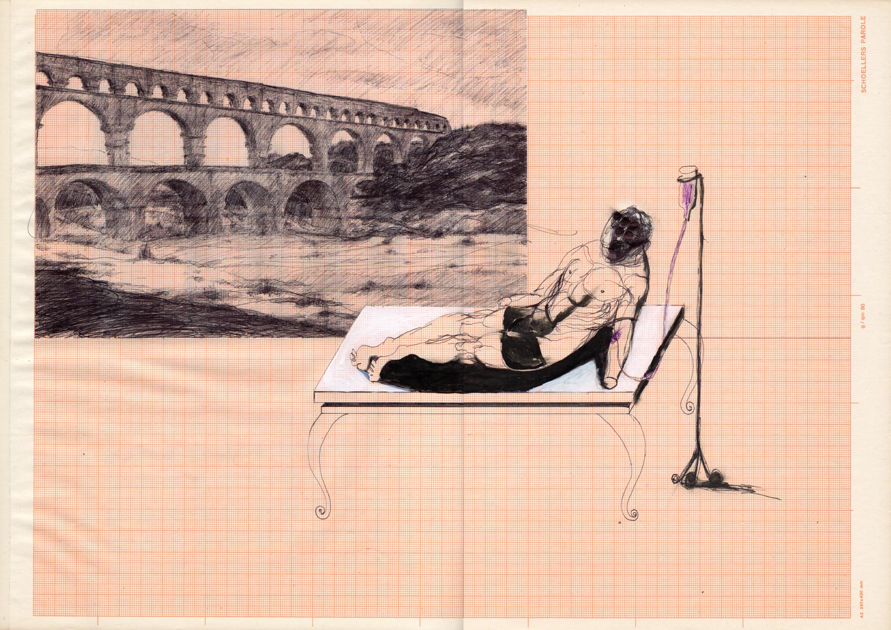 Riccardo Gemma, Figura nel paesaggio (2006; penna biro e tempera, 29,7 x 42 cm)
