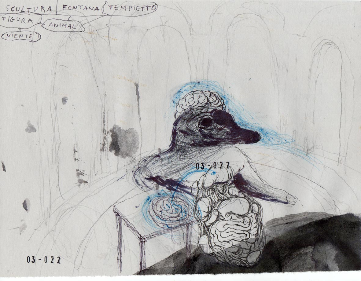 Riccardo Gemma, Fontana (studio per scultura) (2022; penna biro, pennarello e inchiostro, 15 x 21 cm)