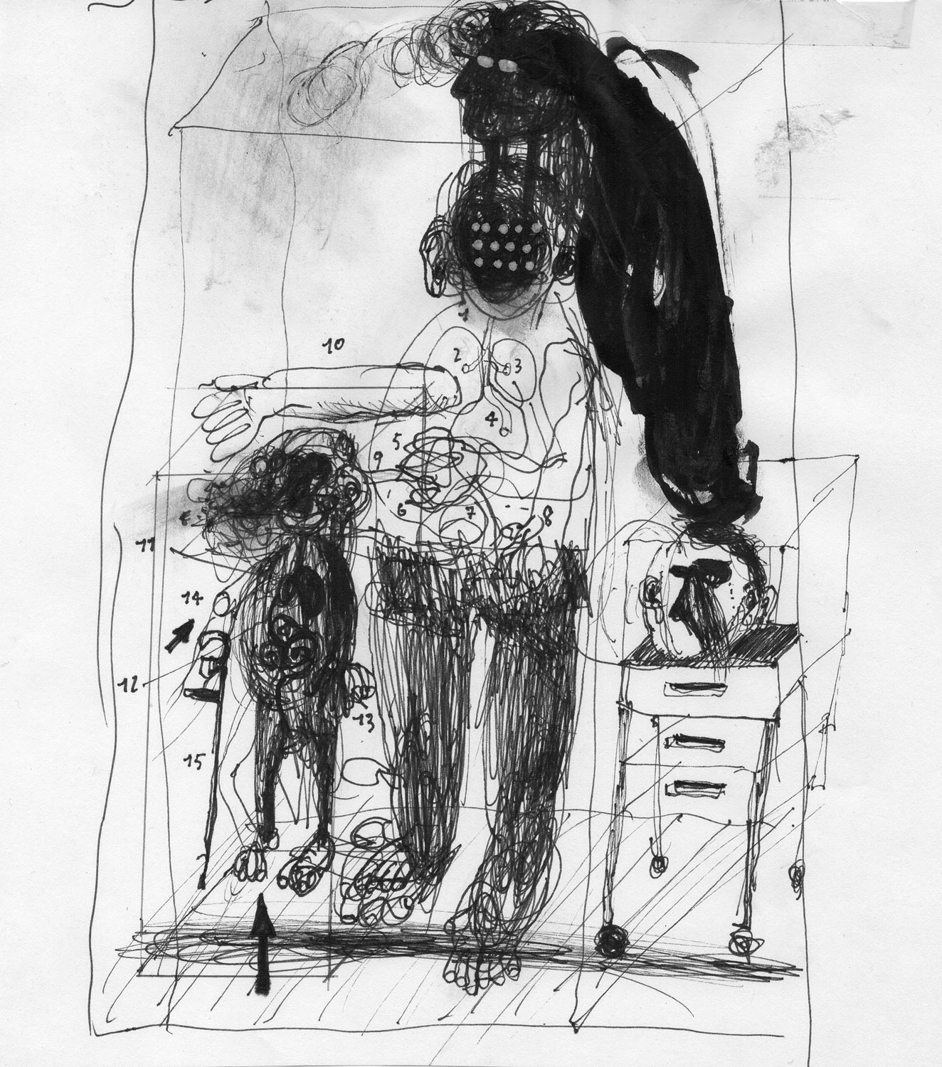Riccardo Gemma, Gruppo scultoreo (schema) (2016; penna biro, grafite, inchiostro, 21 x 15 cm)