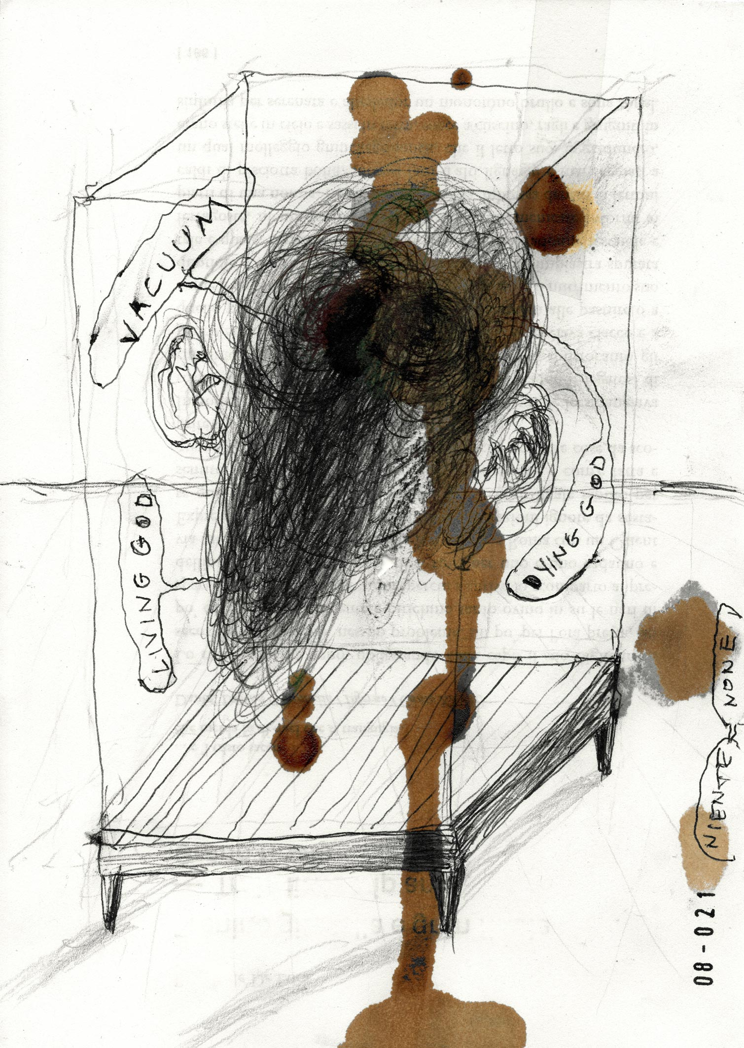 Riccardo Gemma, Niente (schema) (2021; penna biro e salsa di soia, 21 x 15 cm)