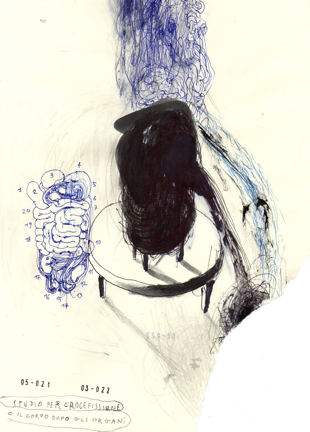 Riccardo Gemma, Studio per crocefissione o il corpo dopo gli organi (2022; penna biro, pennarello e inchiostro, 29,7 x 21 cm)