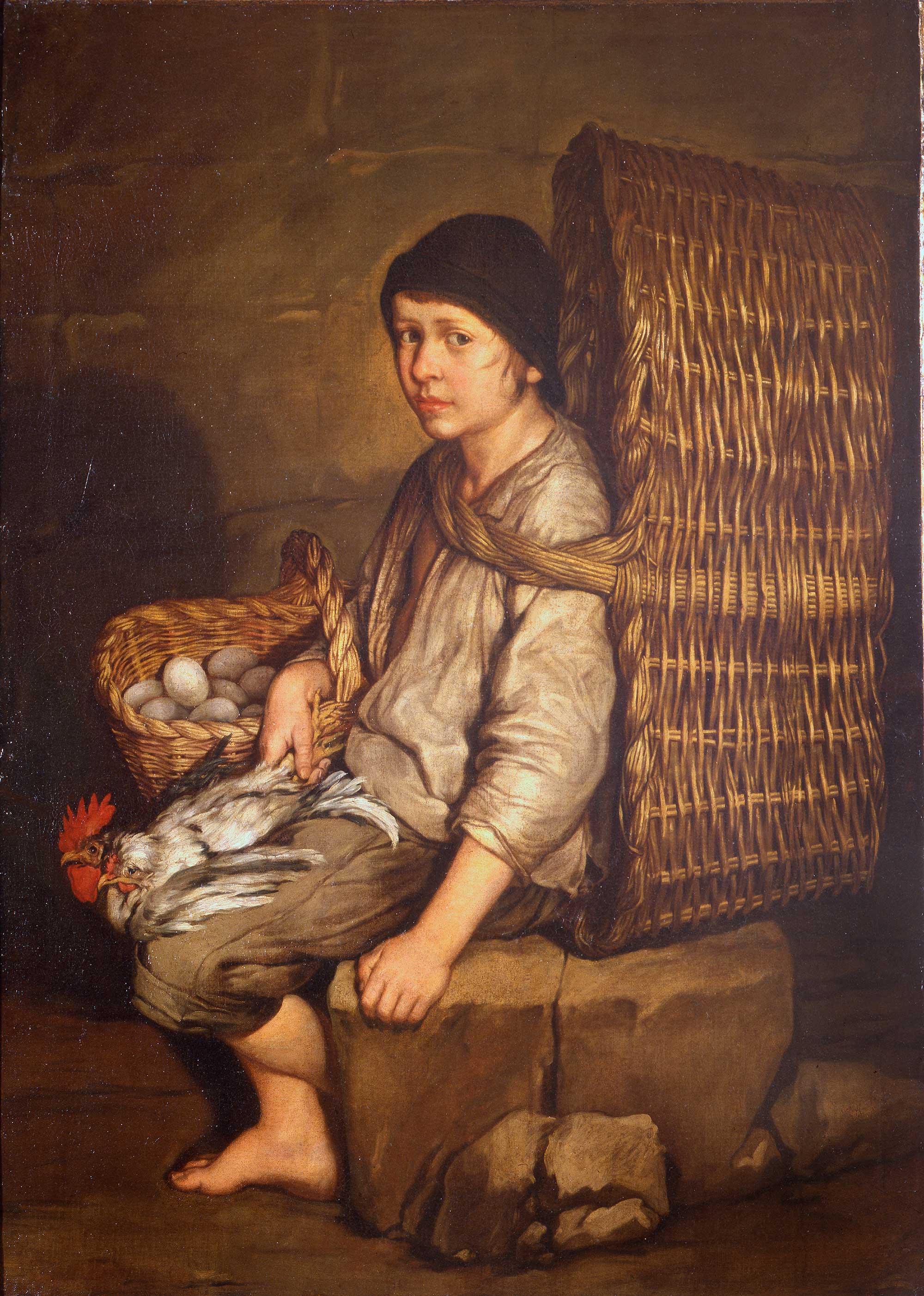 Giacomo Ceruti, Portarolo seduto con cesta a tracolla, uova e pollame (1730-1735 circa; olio su tela, 130 × 95 cm; Milano, Pinacoteca di Brera, Reg. Cron. 5650)