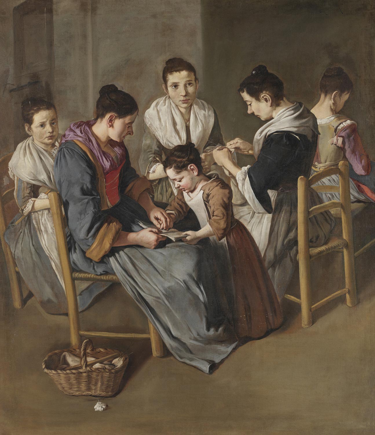 Giacomo Ceruti, Scuola di cucito (1720-1725 circa; olio su tela, 194 × 170,5 cm; Brescia, Pinacoteca Tosio Martinengo, inv. DI 1773)