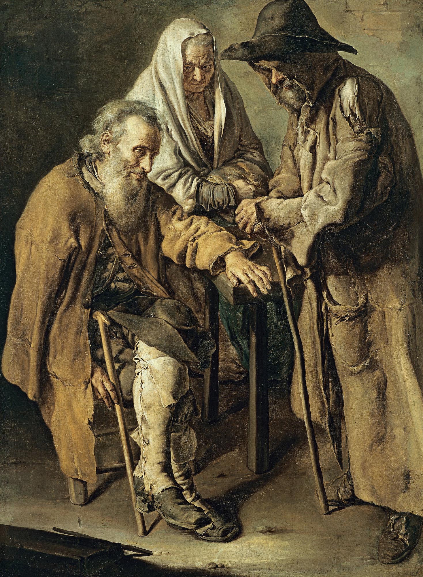 Giacomo Ceruti, Tre pitocchi (1736; olio su tela, 130 × 95,5 cm; Madrid, Museo Nacional Thyssen-Bornemisza, inv. 86 (1975.43), in deposito a Barcellona, Museu Nacional d’Art de Catalunya, inv. MNAC 212852-000)