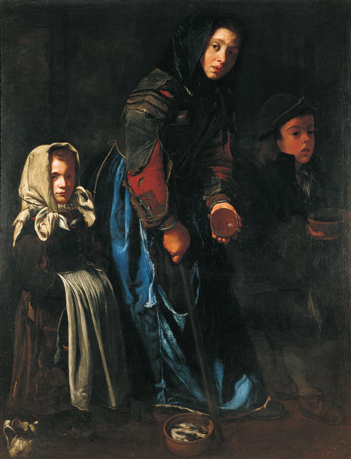 Maestro della tela jeans, Madre mendicante con due bambini (1675-1700 circa; olio su tela, 152 × 117 cm; Parigi, Galerie Canesso)