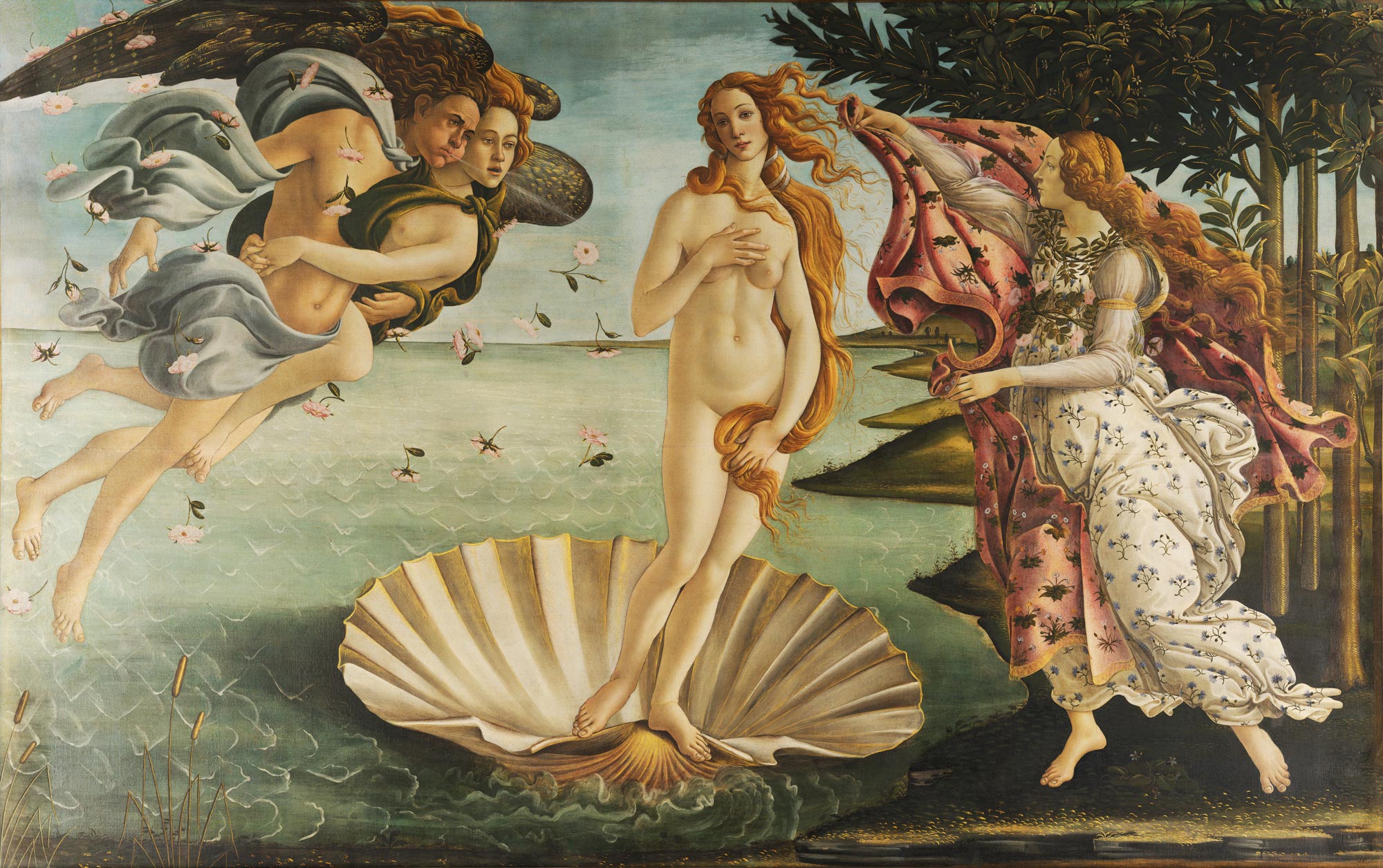 Sandro Botticelli, Nascita di Venere (1485 circa; tempera su tela, 172,5 x 278,5 cm; Firenze, Gallerie degli Uffizi, inv. 1890 n. 878)