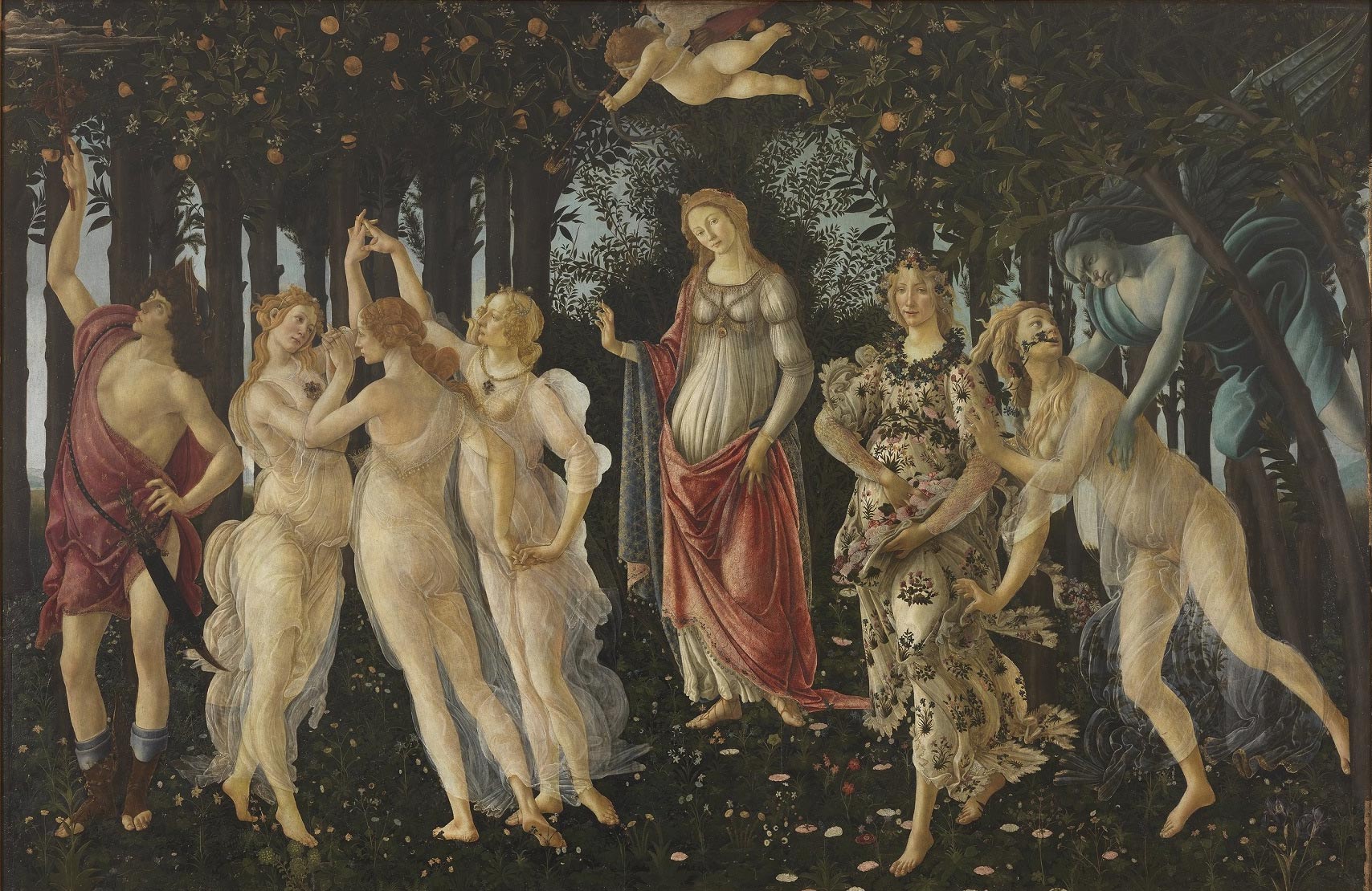 Sandro Botticelli, Primavera (c. 1480; tempera grassa on panel, 207 x 319 cm; Florence, Gallerie degli Uffizi, inv. 1890 no. 8360)