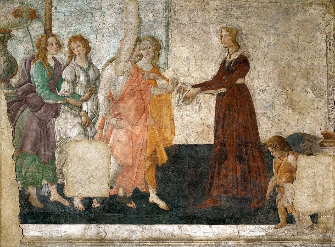 Sandro Botticelli, Venus and the Three Graces Offer Gifts to a Young Girl (c. 1486; detached fresco, 211 x 284 cm; Paris, Louvre, from Villa Lemmi in Fiesole)