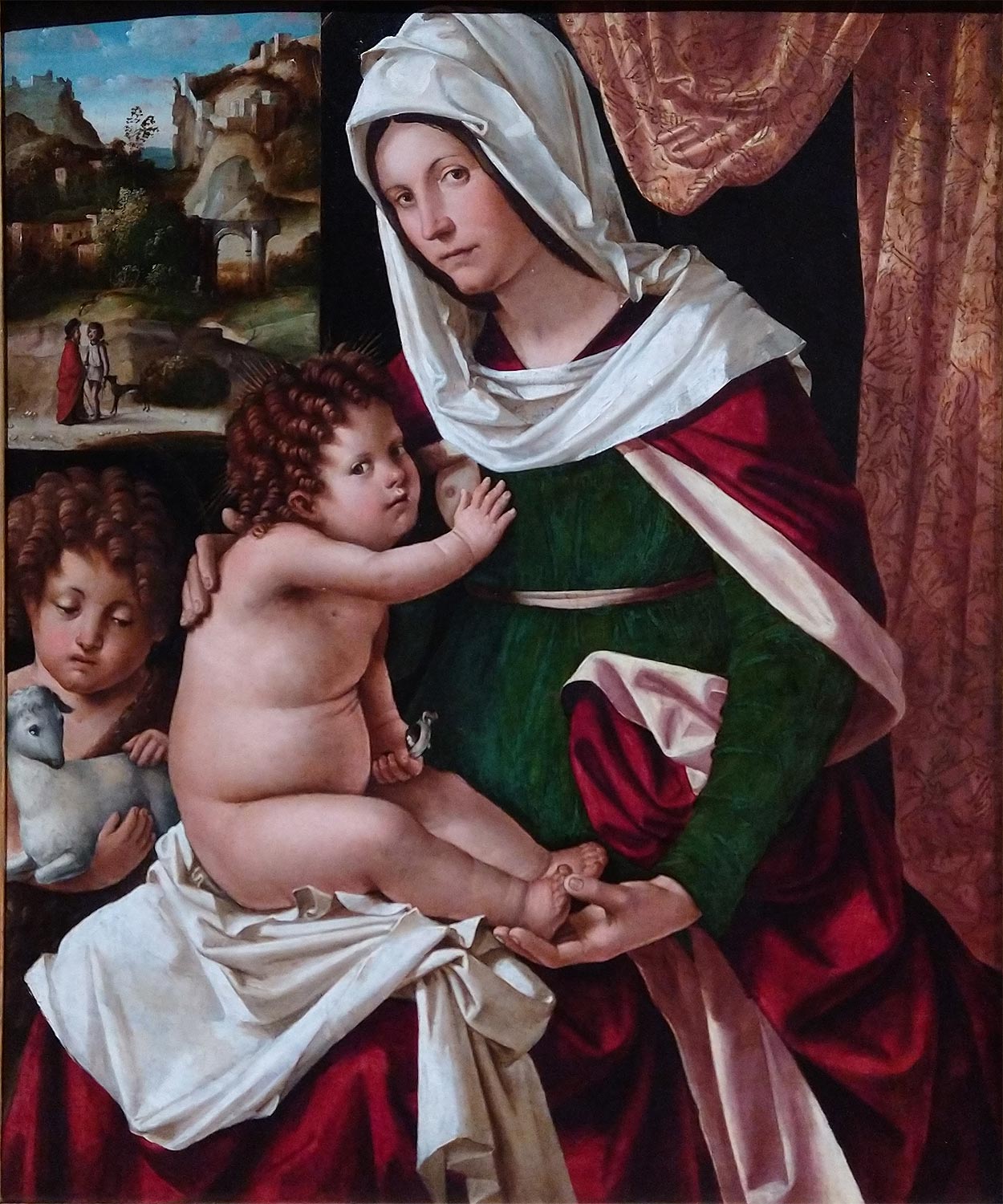 Altobello Melone, Madonna and Child with Little Saint John (c. 1510; oil on panel, 53.8 x 66.4 cm; Bergamo, Accademia Carrara)