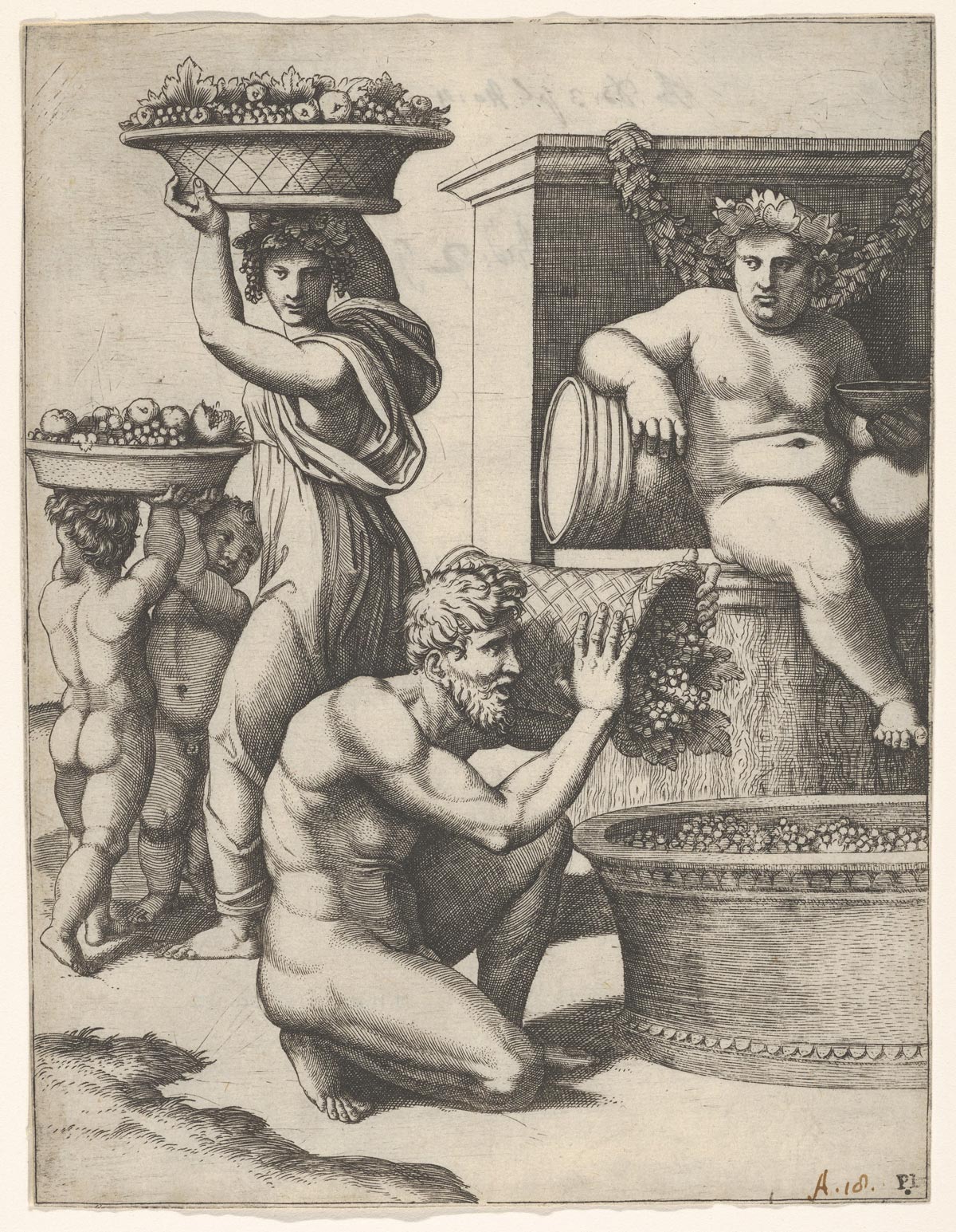 Marcantonio Raimondi (based on a drawing by Giovanni Francesco Penni), Vendemmia (c. 1517-1520; engraving, 190 x 145 mm; New York, Metropolitan Museum)