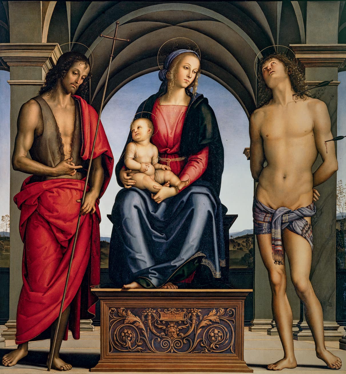 Perugino, Madonna and Child Enthroned between Saints John the Baptist and Sebastian (1493; tempera on panel, 178 x 164 cm; Florence, Uffizi Galleries)