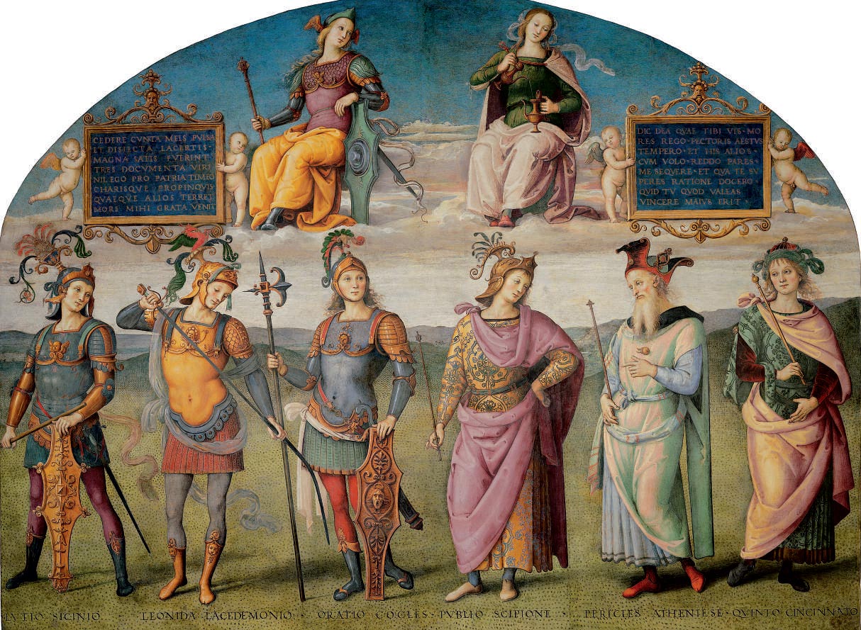 Perugino, Fortezza e Temperanza con Lucio Sicinio, Leonida, Orazio Coclite, Publio Cornelio Scipione, Pericle e Cincinnato (1498-1500; affresco; Perugia, Nobile Collegio del Cambio, Sala dell’Udienza)