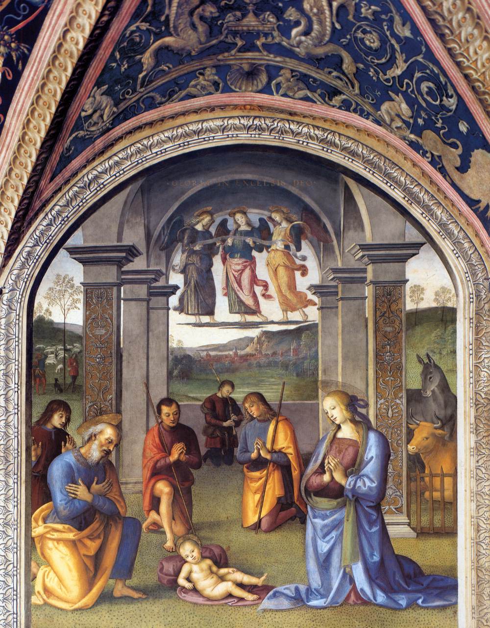 Perugino, Natività (1498-1500; affresco; Perugia, Nobile Collegio del Cambio, Sala dell’Udienza)