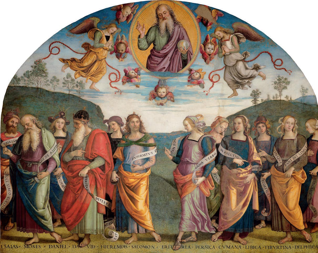 Perugino, Padre Eterno con sibille e profeti (1498-1500; affresco; Perugia, Nobile Collegio del Cambio, Sala dell’Udienza)