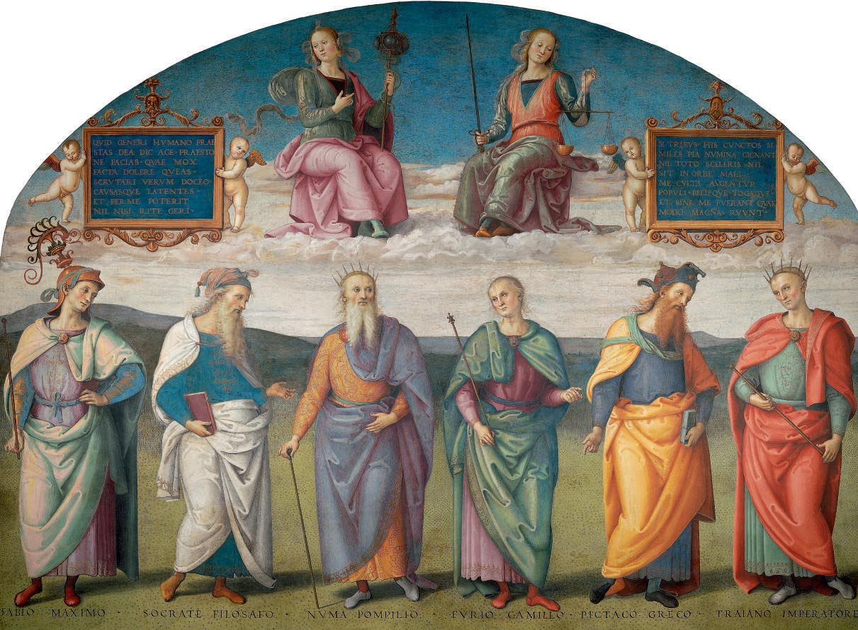 Perugino, Prudenza e Giustizia con Fabio Massimo, Socrate, Numa Pompilio, Furio Camillo, Pittaco e Traiano (1498-1500; affresco; Perugia, Nobile Collegio del Cambio, Sala dell’Udienza)