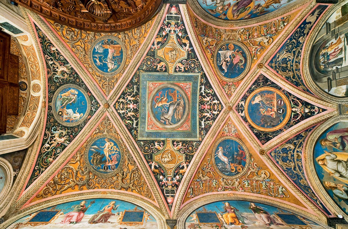 Perugino (and collaborators), vault with Planets and grotesque decoration (1498-1500; fresco; Perugia, Nobile Collegio del Cambio, Sala dell'Udienza)