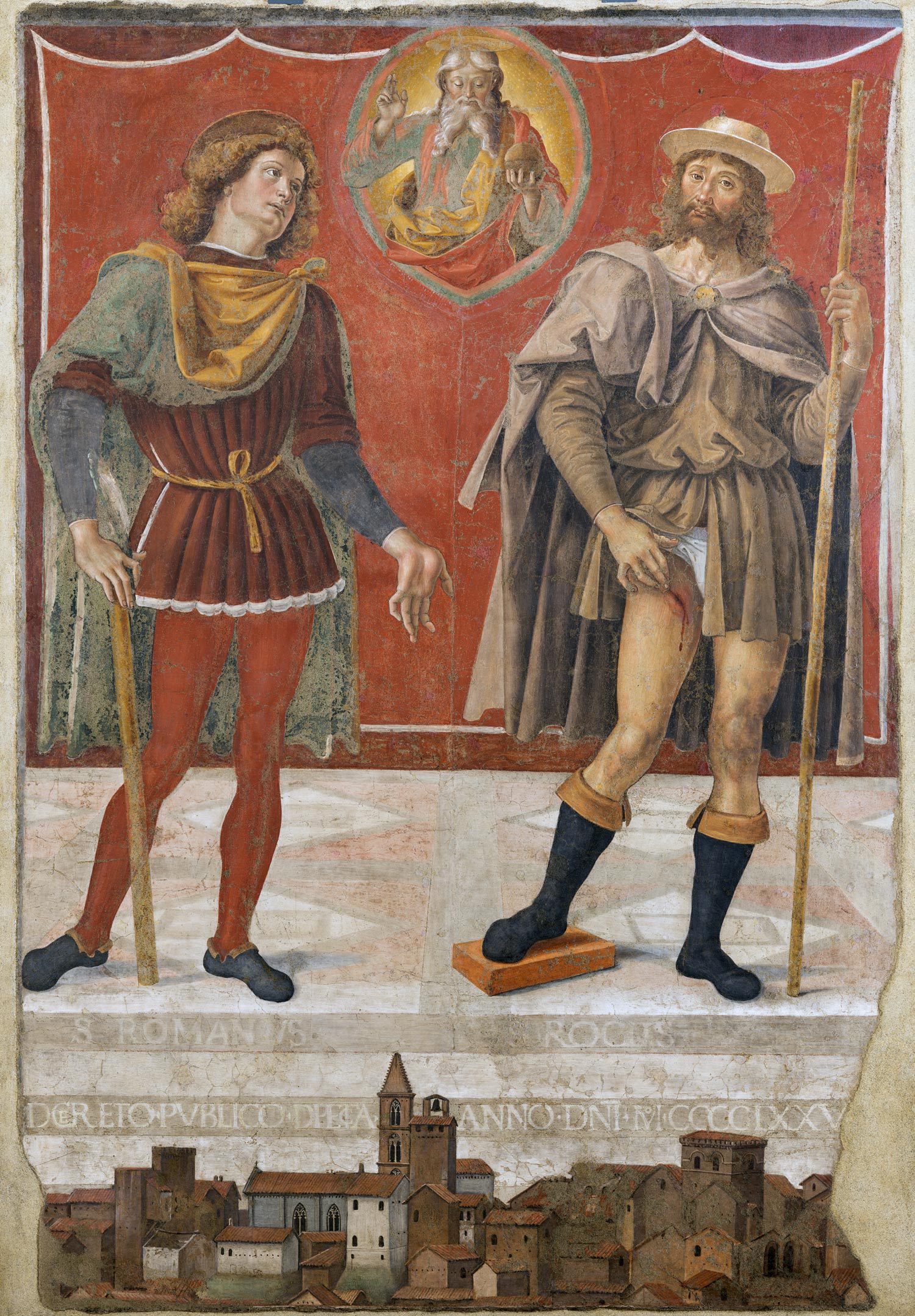 Perugino, Padreterno, St. Romano and St. Rocco (c. 1475-1478; fresco, 186 x 128 cm; Deruta, Pinacoteca Comunale)