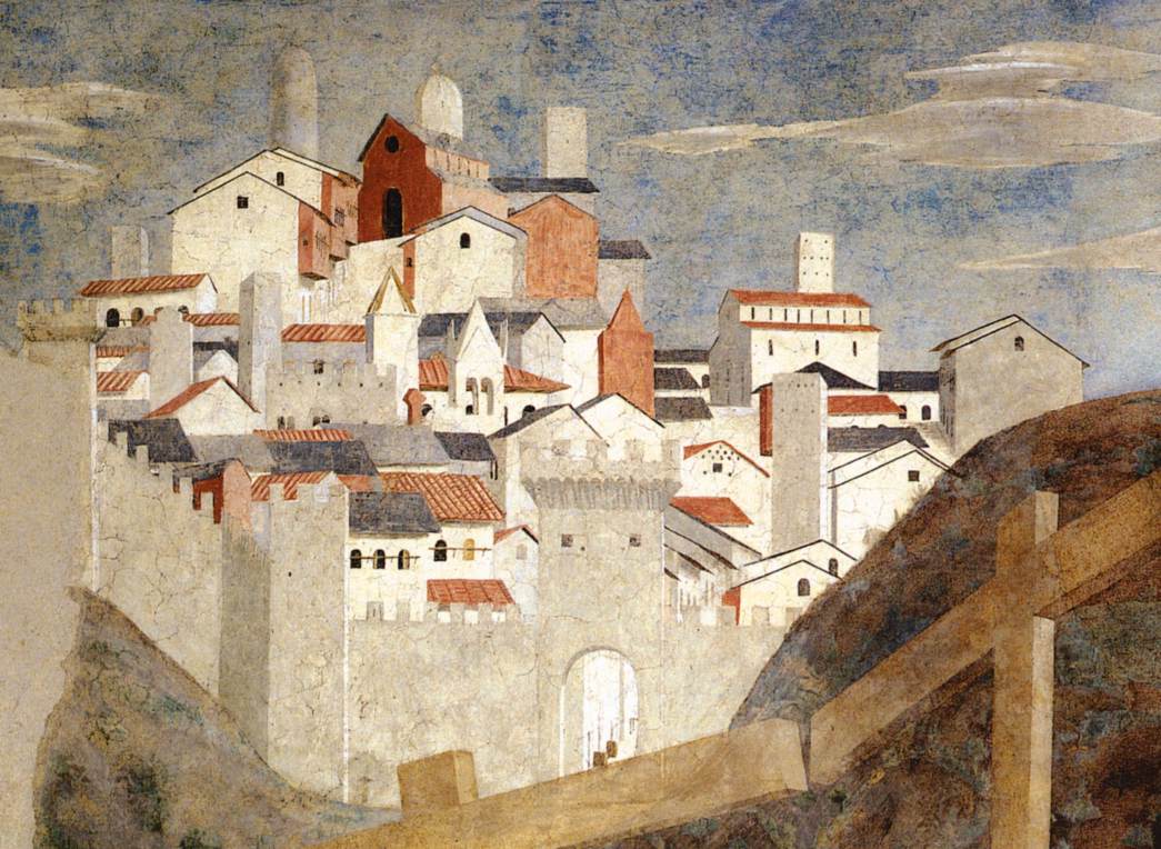Piero della Francesca, The Finding of the Three Crosses, detail of the view of Arezzo, from the cycle of the Legend of the True Cross (1452-1466; fresco; Arezzo, San Francesco, Bacci Chapel)