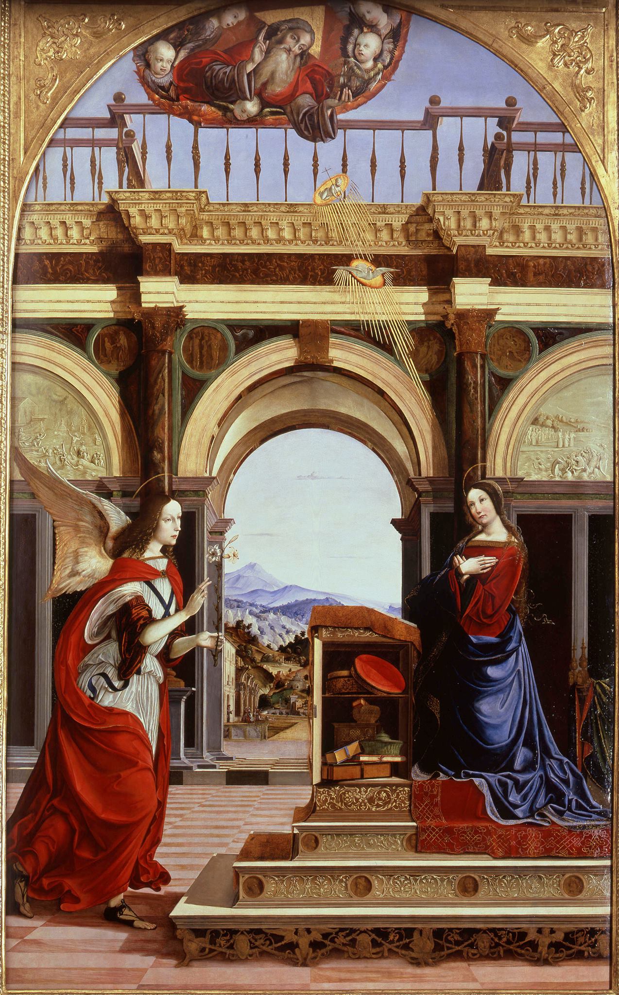 Francesco Bianchi Ferrari, Annunciation (1506-1512; oil on panel, 291 x 176.5 cm; Modena, Galleria Estense)