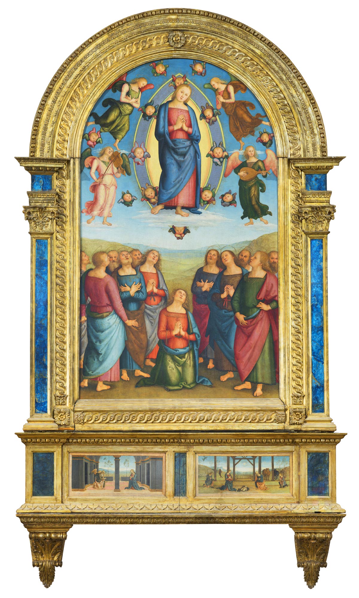 Perugino, Assunzione della Vergine, Pala di Corciano (1512; tempera su tavola, 226 x 146 cm, i due pannelli della predella 31 x 78 cm; Corciano, Santa Maria Assunta)