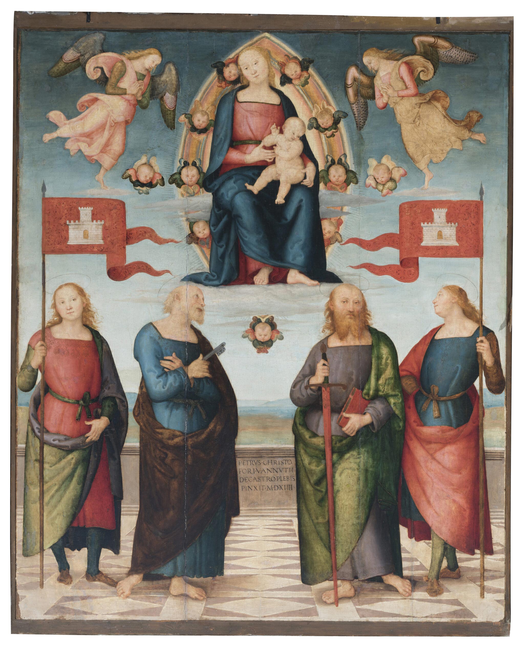 Perugino, Madonna con Bambino e i santi Gervasio, Pietro, Paolo e Protasio (1514, olio su tavola; 240 x 220 cm; Città della Pieve, Cattedrale dei Santi Gervasio e Protasio)