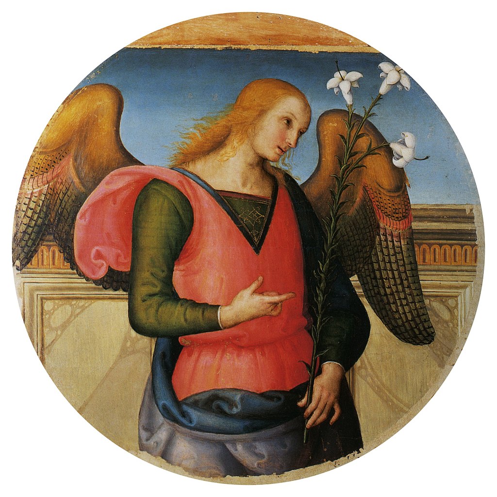 Perugino, Announcing Angel (c. 1502-1512; panel, diameter 102 cm; Perugia, National Gallery of Umbria)