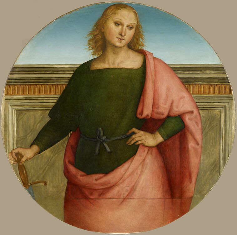 Perugino, Young Saint with Sword (Saint Julian?) (1513-1523; panel, diameter 102 cm; Paris, Louvre)