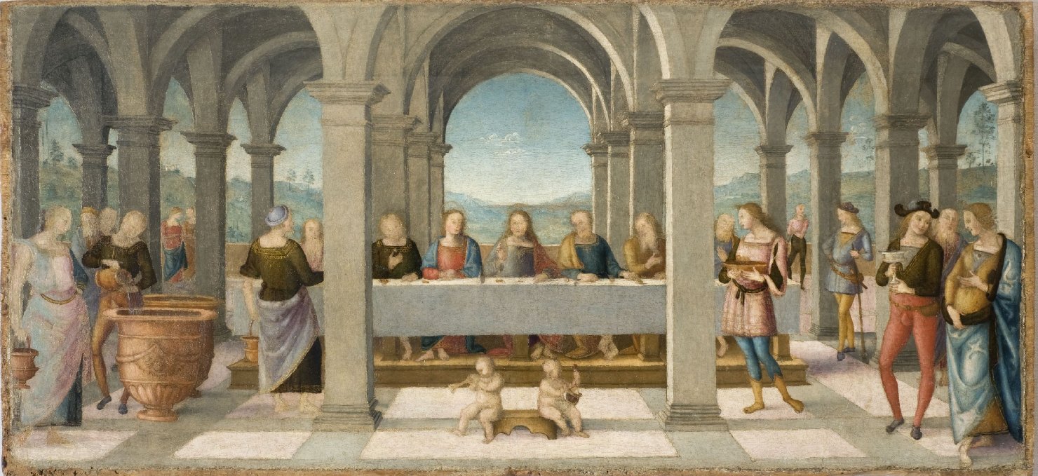 Perugino, Wedding at Cana (c. 1502-1512; 39.5 x panel, 84.5 cm; Perugia, Galleria Nazionale dell'Umbria)