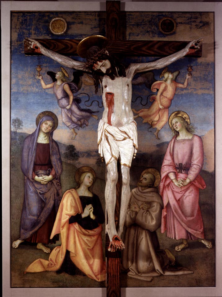 Perugino, Monteripido Altarpiece, recto, Crucifixion (1502-1504; tempera on panel, 240 x 180 cm; Perugia, National Gallery of Umbria)