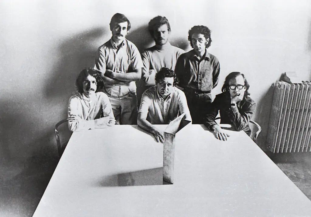 Members of Superstudio: top, from left, Alessandro Magris, Alessandro Poli, Gian Piero Frassinelli. Bottom, from left, Cristiano Toraldo di Francia, Roberto Magris, Adolfo Natalini.