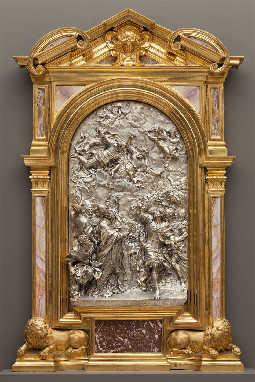 Ercole Ferrata, Meeting of Attila and Pope Leo the Great at the Gates of Rome (1659; silver, bronze, and marble, 169.5 x 105.5 x 15 cm; Madrid, Gallery of the Royal Collections)