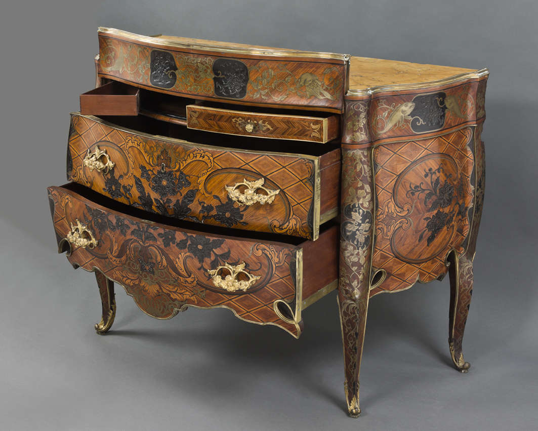 Mattia Gasparini, Dresser (1764-1769; walnut, mahogany, rosewood, ebony, lemongrass, brass, bronze, marble, 94 x 125 x 59 cm; Madrid, Gallery of the Royal Collections)