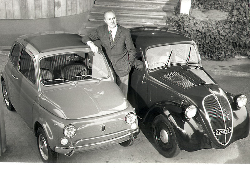 Dante Giacosa between a New 500 and a Mickey Mouse